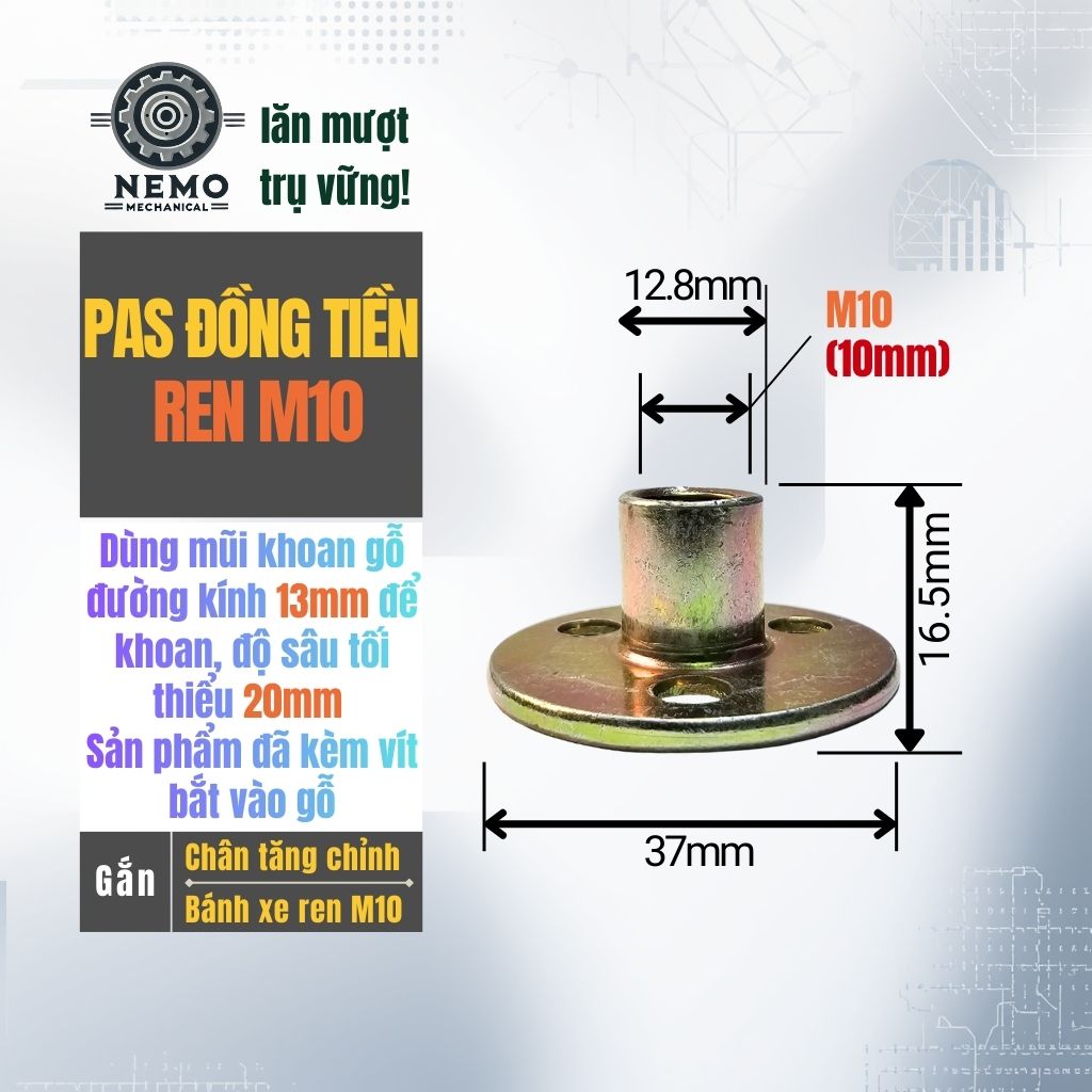 Pas Đồng Tiền & Ốc Cấy Gỗ M8/M10 – Giải Pháp Lắp Bánh Xe & Chân Tăng Chỉnh Cho Đồ Gỗ